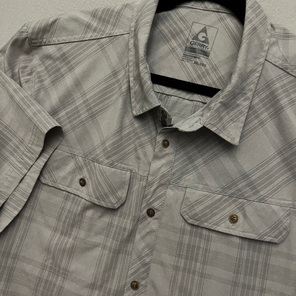 Gerry Mens Short Sleeve Plaid Button Down Shirt Grey Stretch XXL 1390575
